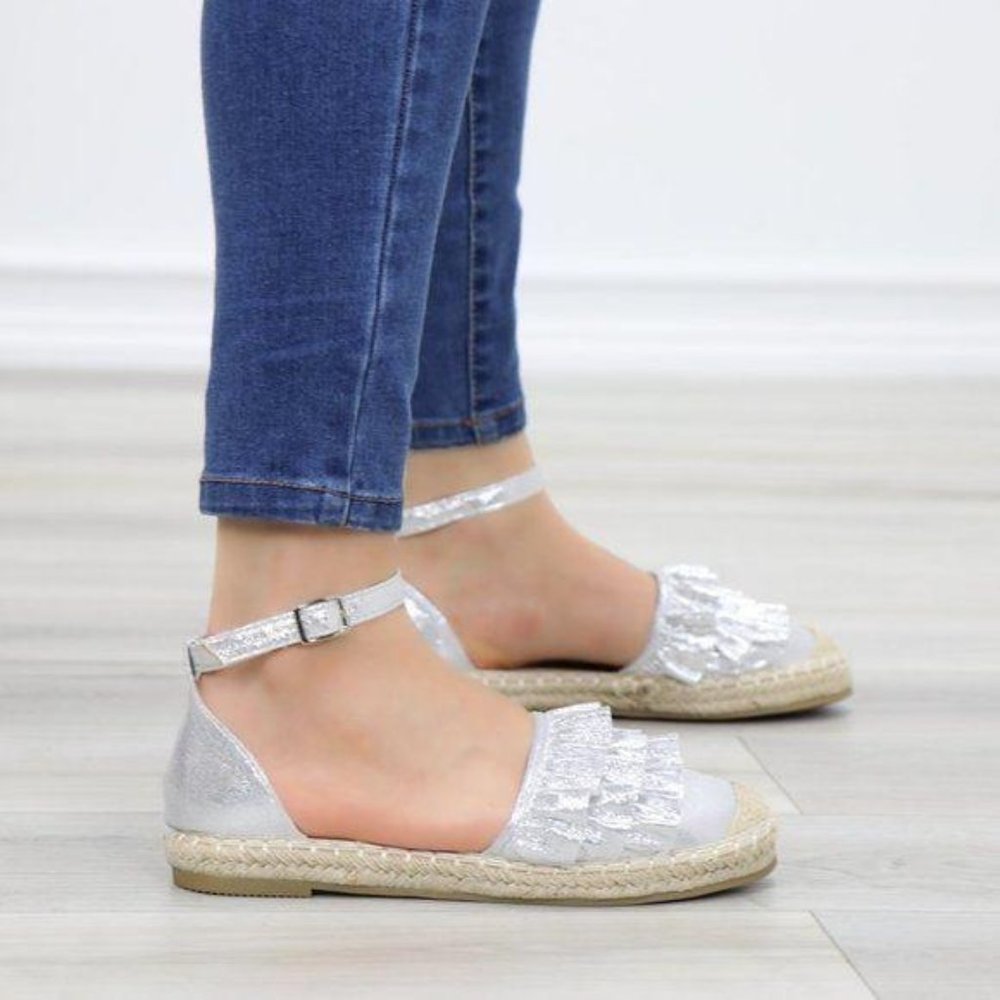 Cutest Sparkly Silver Espadrille Ruffle Sandals - Picture 5 of 10